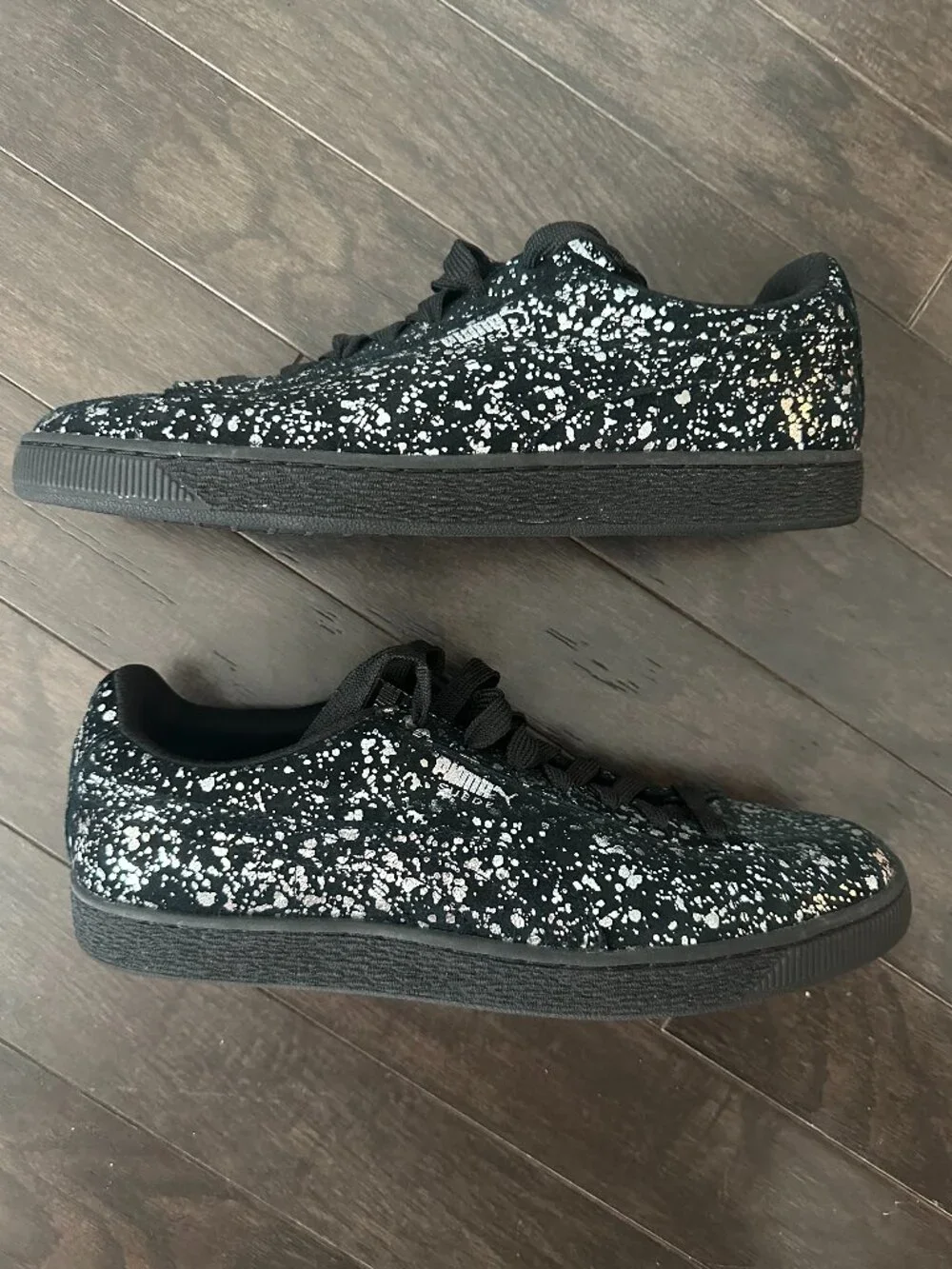 Puma Men's 10 Suede Black & Silver Metallic Splatter 2016 Sneakers